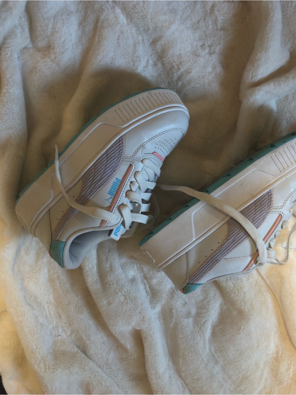 Puma Kids White Sneakers with Teal and Pastel Accents